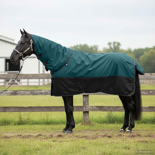 Ziaphsol Pferdedecke aus Polyester dunkelgrün und schwarz, 165 cm, wasserdicht und atmungsaktiv, mit Schweifklappe, Verstellbarer Schnalle, für Stall und Weide, Schutz bei Regen und Wind