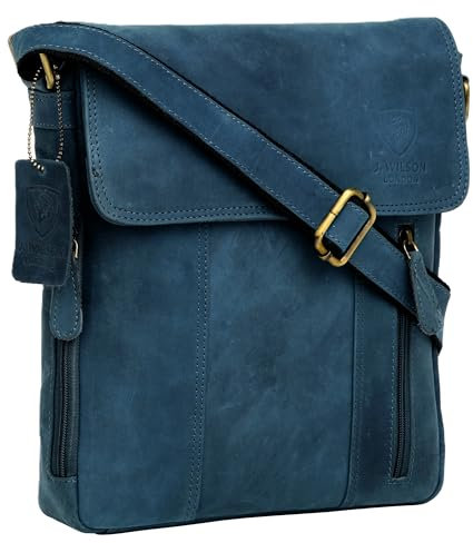 J. Wilson London 100% Pure Genuine Real Vintage Hunter Leather Handmade Mens Women Leather Flapover Everyday Crossover Shoulder Work iPad Messenger Bag (Distressed Blue)