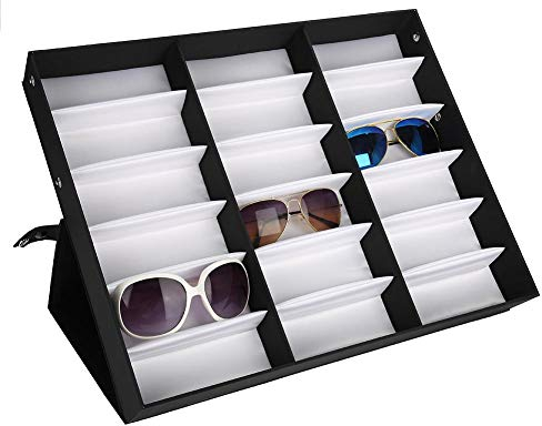 Sunglasses Display Box, 18 Slots Grids Eyeglasses Storage Case with Folding Stand Lid Tray for Eyewear Glasses Jewelry Organizer