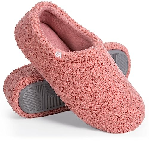 VeraCosy Ladies' Fuzzy Curly Fur Memory Foam Slippers Anti-Slip Lightweight Breathable House Shoes, Pink Pink, 3/4 UK