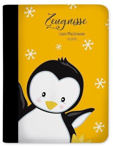 CreaDesign Customize A4 Zeugnismappe für Kinder 26,7x32,7x1 cm, Sichtbuch mit 10 Klarsichthüllen, erweiterbar auf bis zu 20 Taschen, Pinguin Gelb design, Dokumentenmappe für Schüler