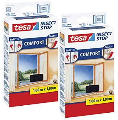tesa Insect Stop COMFORT Fliegengitter Fenster - Insektenschutz mit Klettband selbstklebend - Fliegen Netz ohne Bohren (100 cm x 100 cm, 2er Pack/Anthrazit (Durchsichtig))