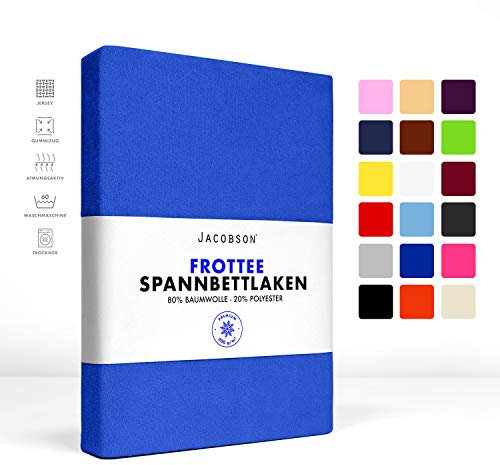 Jacobson Premium FROTTEE Spannbettlaken Spannbetttuch Bettlaken Baumwolle ca. 200g/m² (120x200cm - 130x200cm, Royal Blau)