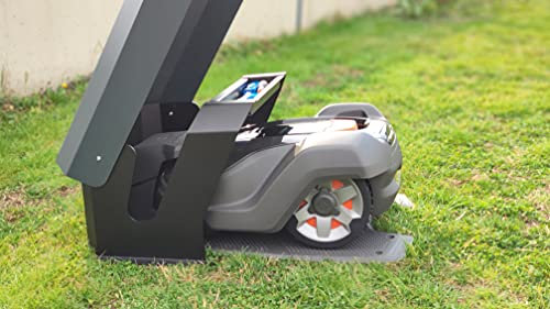 Garage copristazione universale per riparo di robot rasaerba a ricarica frontale o posteriore - modello EVOLUTION con coperchio ribaltabile e vano porta oggetti (SMALL)