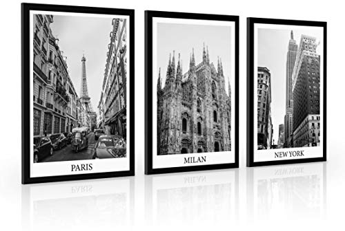 Estika Bilder set mit rahmen - Paris, Milan, New York - Wählen größe (3x A2 oder 3x A3) und farbe des rahmens (4 Farben) - Moderne deko poster set, Wandbild wohnzimmer oder schlafzimmer