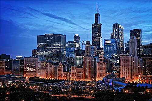 VLIES Fototapete-500x280 cm-STÄDTE-(PF4810)-Stadt USA Chicago Nacht Skyline Panorama GEBÄUDE Wandbild Wandtattoo Poster Dekoration