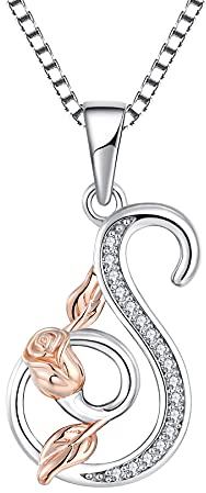 starchenie Alphabet Rose Halskette Buchstabe S Halskette Zirkonia Anhänger 925 Sterling Silber Halskette für Damen
