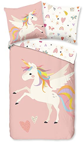 Soma Renforcé Pastell Kinder-Bettwäsche-Set 2 teilig Bettbezug 2tlg 135x200cm 80x80cm (Einhorn rosa weiß)