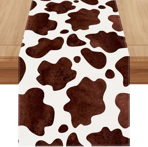 Runner da tavola in lino con stampa mucca ad acquerello, 183 cm, tovaglia in pelle bovina, decorazione per casa e tavolo