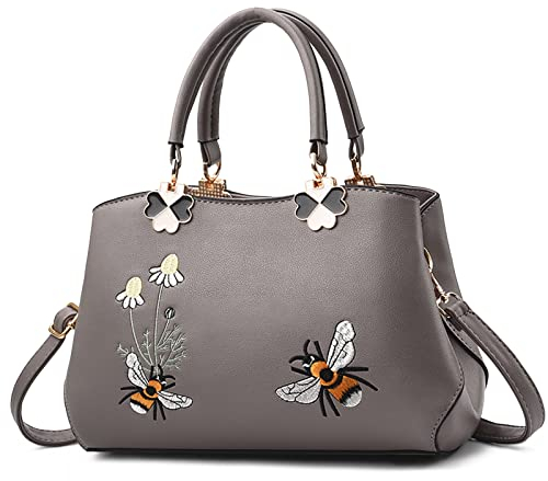 VARLIVOO Elegant Damen Handtaschen Stickerei Schultertaschen Frauen Umhängetasche Taschen Reisen Shopper Taschen Damen Taschen Crossbody Bag Arbeit Reisen PU Leder Grau B