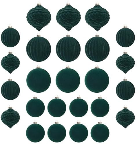 KI Store Dark Green Velvet Christmas Baubles 25pcs Shatterproof Flocked Christmas Tree Ornaments Assorted for Xmas Tree Decorations