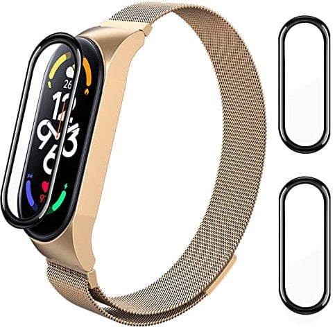 ASDONAL Bracelets Acier Compatible avec Xiaomi Mi Band 7 et Xiaomi Mi Band 7 NFC, Bracelet Metal Magnétique de Remplacement und 2 Protection Écran pour Mi Band 7 et Mi Band 7 NFC (Or Rose)
