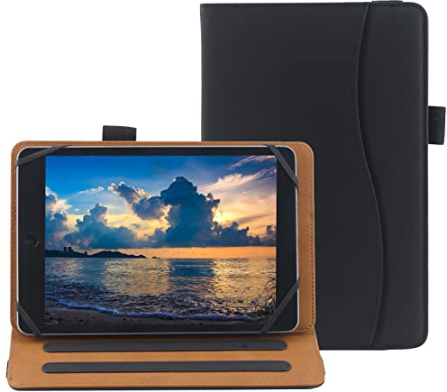 6 7 8 Inch Universal Tablet Case Folio Leather Stand Shell Case with Adjustable Angle Band and Pouch for Documents, Cards and Pen Holder (Black)
