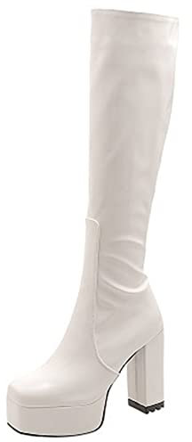 Lroey Reoly Stivali Alti da Donna con Tacco Largo, Stivali da Festa Tacco Alto Square Toe Boots Zip Plateau 064 Bianco Numero 37 EU