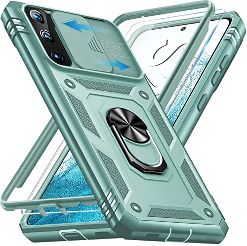 Giyer Handyhülle für Samsung Galaxy S22 5G Hülle mit Schutzfolie, Schutzhülle mit Kameraschutz 360° Drehbarer Metall Ring Ständer Stoßfest Bumper S22 5G 6.1 Case Cover (Mintgrün)