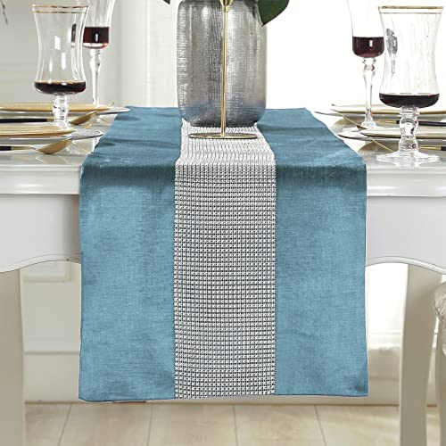 Deggodech Blau Tischläufer 32 x 180 cm Glitter Tischläufer Silber Diamant Table Runner für Küchentisch, Kaffeetisch, Kommode,Weinschrank Dekoration (180cm, Blau)