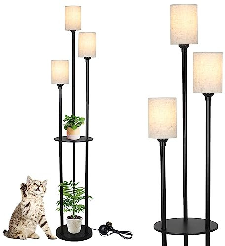 Rayofly Floor Lamp with Shelves, Modern Floor Lamps for Living Room, 3-Lights Standing Lamp with Linen Shades and Foot Switch, Industrial Standing Lamps for Bedroom, Black Tall Lamp for Office, Corner