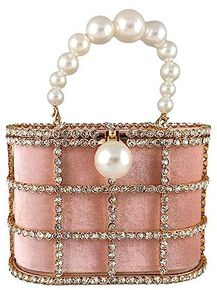 Boutique De FGG Borse a Spalla da Sera per Donna con Perle Totes Borse a Secchiello con Strass per Matrimoni Partito di Cristallo Pochette e Clutch, Piccolo, Rosa