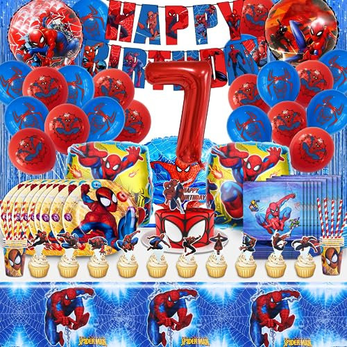 7 años Decoracion Cumpleaños Spiderma, 110PCS 7 años Globos Cumpleaños Spiderma, 7 años Vajilla cumpleaños infantil Spiderma, Globos Spiderma Cumpleaños, Platos, Tazas, Mantel, Servilletas, Pancarta