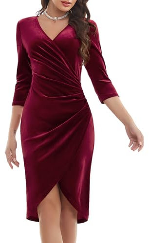 Gardenwed Abito da donna in velluto avvolgente con scollo a V e maniche a 3/4, con spacco, increspato, elegante, per cocktail e feste invernali, Borgogna, M