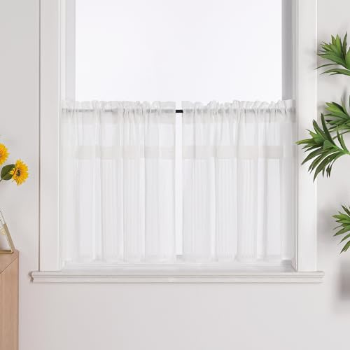 Joyswahl Leinenoptik Scheibengardinen 2er Pack Landhaus Leni Weiß 45x120 | 2 Stück, Bistrogardinen modern, Cáfe Gardinen Küche, Vorhänge Kurz, Kurzstores Halbtransparent, Fenstergardinen lang