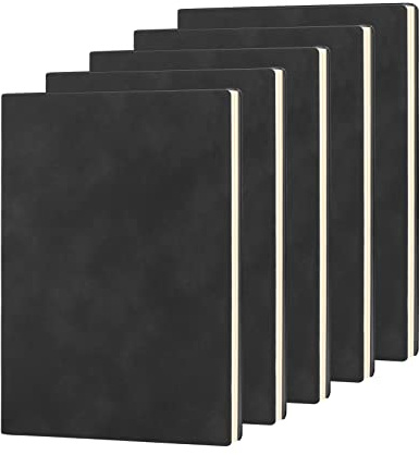 LELE LIFE 5 Pack Lined Journal Notebook, Comfortable Soft Cover Leather Bulk Journals for Writing Women Men, A5 Notebooks for Work School Note Taking Business (Black)