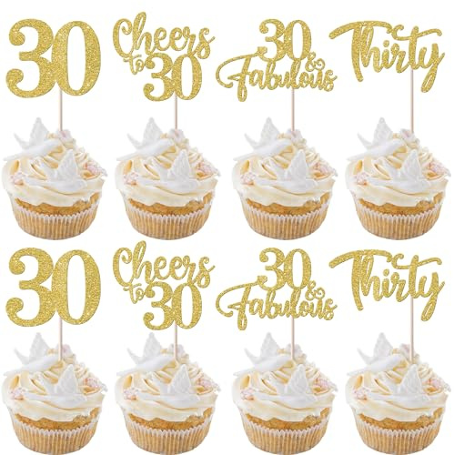 Rsstarxi Cupcake-Topper zum 30. Geburtstag, glitzernd, 30 Stück, tolle Cupcake-Picks für Cheers to 30 Years Old 30. Geburtstag, Hochzeit, Jahrestag, Party, Kuchendekoration, Gold, 24 Stück