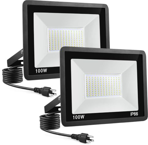 100W LED Flood Light, Super Bight 10000LM Outside LED Work Light Plug in, 6000K Daylight White, IP66 Waterproof Outdoor Security Lights for Garage Yard Garden Patio (2)