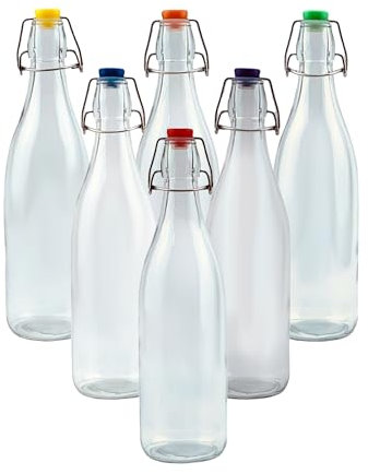 simpa Vintage Style Clear Glass Bottles with Assorted Colour Swing Top Lids. Round 750ml Bottles - Set of 6