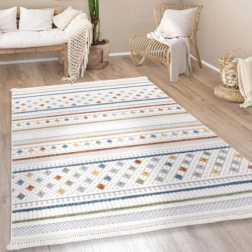 Paco Home Teppich Wohnzimmer Kurzflor Boho Modern Ethno Skandinavisch Geometrisches Muster Fransen, Grösse:200x290 cm, Farbe:Bunt 4