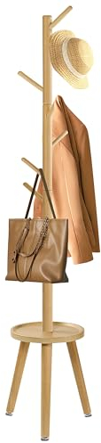 YheenLf Garderobenständer Holz, Kleiderständer mit Regal, Coat Rack für Kleidung, Tasche, Hüte, Jackenständer, Clothes Rack für Eingang, Wohnzimmer, 35.5x35.5x182cm, Holzfarben