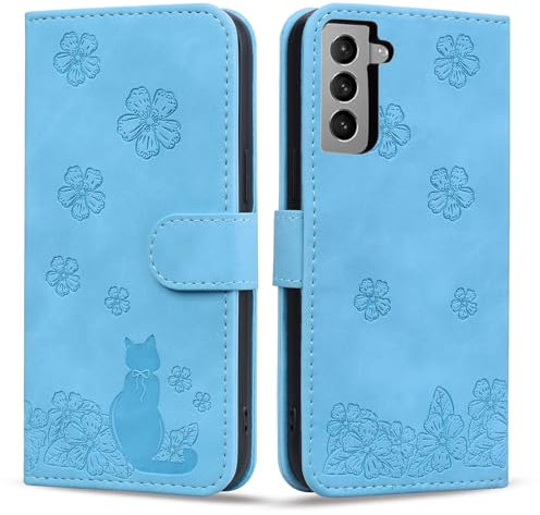 Rosbtib Coque pour Samsung Galaxy S22 5G Étui Premium Cuir Flip Wallet Housse de Protection avec Fonction de Support Porte-Cartes à Rabat pour Galaxy S22 5G - Chat Dos Fleur de Cerisier Bleu