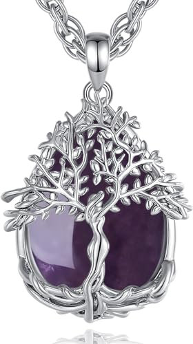 AEONSLOVE Collier Arbre de Vie avec Amethyste Pendentif en Améthyste Naturelle Pendentif Arbre de Vie Femme Cristal de Guérison Bijoux Pierre de Protection Cadeau Fete des Meres