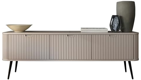 BETTSO - TV Schrank - Fernsehschrank mit Türen - TV Kommode 168cm breit - Lowboard - mit hohen Metallbeinen und dekorativen Rillen - Kaschmir + Schwarz