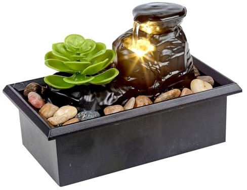 URBNLIVING LED-Lit Water Fountain with Artificial Plant Centerpiece Indoor Decor Ornament for Home or Office Soothing and Stylish Decorative Accent