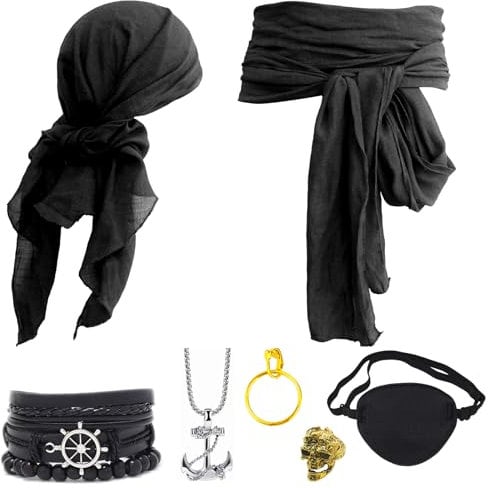 Ginkago Mittelalter Piratenkostüm Zubehör Set Damen Herren Piraten Verkleidung Accessories Kopftuch Augenklappe Ohrringe Halskette Armband Hüfte Tuch für Halloween Cosplay Party (Schwarz-7PCS)