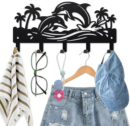 MAYJOYDIY Porte Clef Mural en Métal Dauphin de L'Océan Porte Manteau Mural pour Animaux Marins 25×12cm Arbre de Noix Coco Murale Porte Clés avec 5 crochets Pour Entrée Porte D'entrée Couloir Cuisine