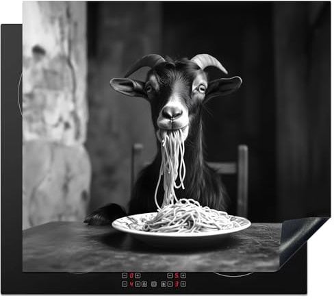 KitchenYeah© Induction Hob Protector Mat 20.5x23.6 / 60x52 cm Stove Cap Top Cover Kitchen Cooker Covers for Electric Hobs Vinyl Goat - Plate - Spaghetti - Black and White