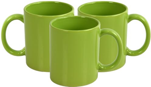 Large Ceramic Coffee Tea Mugs Set 300ml & 400ml Capacity Wide Cups with Easy Grip Handle Microwave Dishwasher Safe Perfect for Family & Gifting (Green-300mlX3)