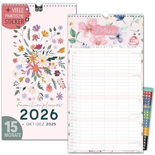 Familienkalender 2026 5 Spalten GARTENLIEBE Familienplaner 2026 mit STICKER Urlaub Recycling Ferien Wandplaner 2026 Wandkalender 23 x 43cm inkl. Okt-Dez 2025, Pflanzkalender, Blumen Flower Garten
