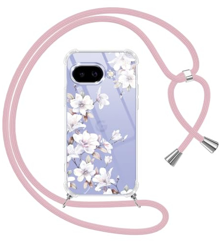 Yoedge Coque avec Cordon pour Google Pixel 9a 5G 6,2, Transparente Aesthetic Motif Fleur Étui Collier Réglable Tour de Cou Lanière Corde Lanyard Case, Silicone TPU + PC Antichoc Housse Cover,05
