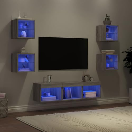 RMIHSJG 7-TLG. Wohnwand mit LED-Beleuchtung Grau Sonoma Holzwerkstoff Couchtisch hängeschrank Sideboard hängend Sideboard tv