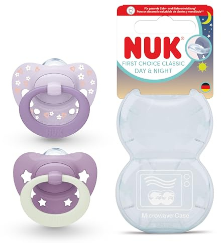 NUK First Choice Classic Day & Night Baby Schnuller | 6-18 Monate | Orthodontische Schnuller, die im Dunkeln leuchten | 95% Akzeptanz bei Babys** | Lila | 2 Stück