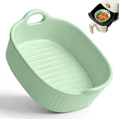Plat à gratin en céramique pour Airfryer et four, 650 ml, avec chaleur uniforme, passe au lave-vaisselle et empilable, moules en céramique avec poignées, four et micro-ondes (vert)