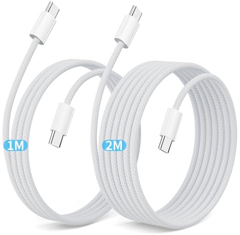 bakibo Cable USB C a USB C (2 Piezas, 1M+2M), Cable USBC Carga Rapida 60W PD 3.0 PPS Nylon Trenzado Cabo Carga Rapida Tipo C Transferencia de Datos Cabo para iPhone 17 Pad MacBook S25 S24, Blanco