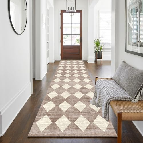WTHYGB Teppichläufer 60 x 150 cm, rutschfest Waschbar | Küchenläufer mit Geometrie Design aus Polyester, 6mm Dicke für Flur, Eingang, Küche, Wohnzimmer & Büro, Schwarzweiß