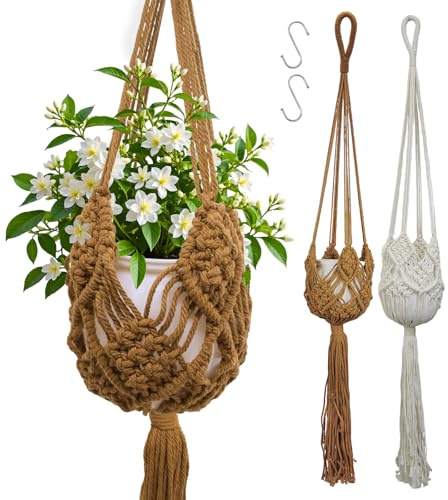 TETEWEVER 2 Stück Makramee Blumenampel Hängend Boho Hängepflanzgefäße mit Mustern für Töpfe bis zu 20 cm Durchmesser, Makramee Pflanzenampeln Hängepflanzen Topf für Innen und Außen
