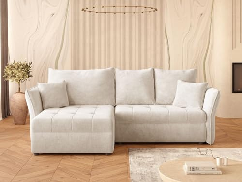 GRAINGOLD Lino Ecksofa mit Schlaffunktion und Bettfunktion, 270x172 cm, L-Form Sofa, Schlafcouch für Wohnzimmer, Chenille-Stoff, 3-Sitzer Eckcouch, Ecksofa mit Stauraum (Beige)