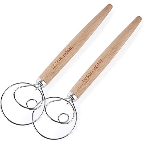 Pack of 2 Danish Dough Whisk Dutch Bread Whisk Hook Wooden Hand Mixer Bread Baking Tools for Cake Bread Pizza Pastry Food Biscuits Kitchenware Tool Stainless Steel Ring 13.5 inches 0.22 lb/ pcs