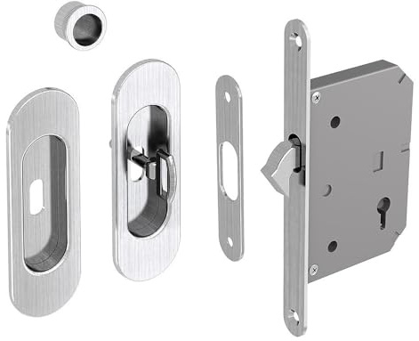 Set di serrature a gancio per porte scorrevoli, con chiave, rosetta ovale con maniglia, in nichel spazzolato
